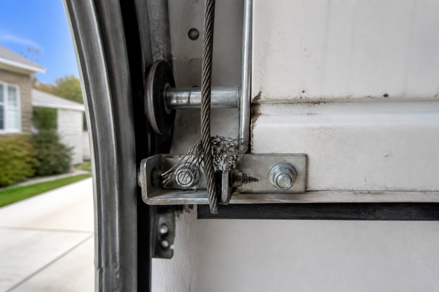 Frayed lift cable at the bottom bracket of a garage door panel in Huntington Beach, CA